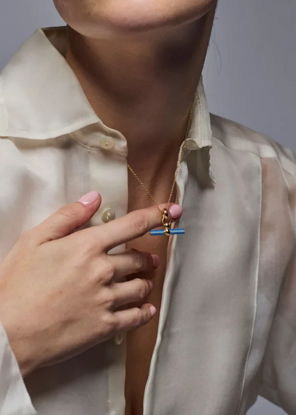Tilly Sveaas Aquamarine Enamelled Small Gold T-bar on Trace Chain | Necklaces