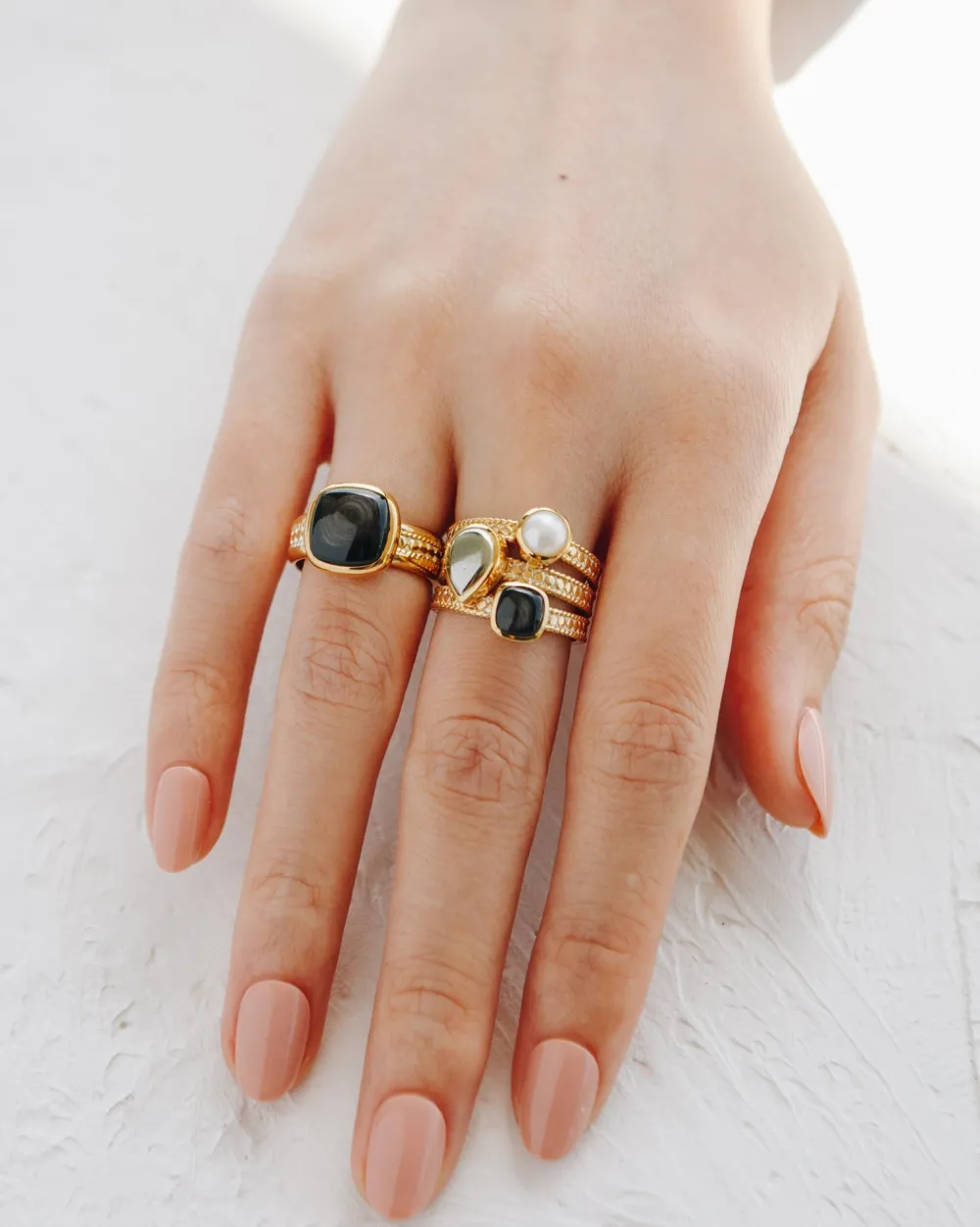 hypersthene_pyrite_and_pe_0.webp Anna Beck Hypersthene, Pyrite, and Pearl Faux Stacking Ring - Gold | Rings
