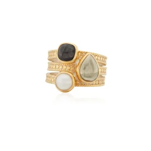 Anna Beck Hypersthene, Pyrite, and Pearl Faux Stacking Ring - Gold | Rings