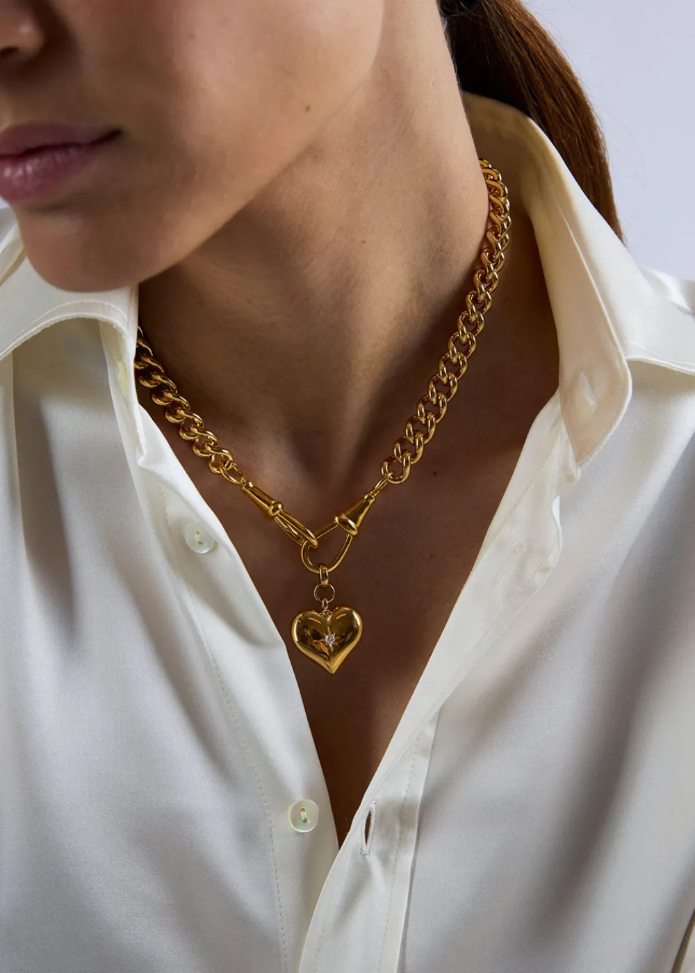 large_gold_heart_on_large_5.webp Tilly Sveaas Large Gold Heart on Large Gold Curb Clip Necklace | Necklaces