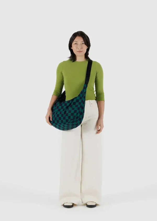 BAGGU Large Nylon Crescent Bag - Navy Green Check | Bags