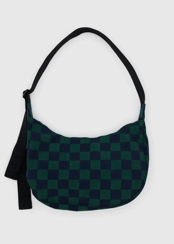 BAGGU Medium Nylon Crescent Bag - Navy Green Check | Bags