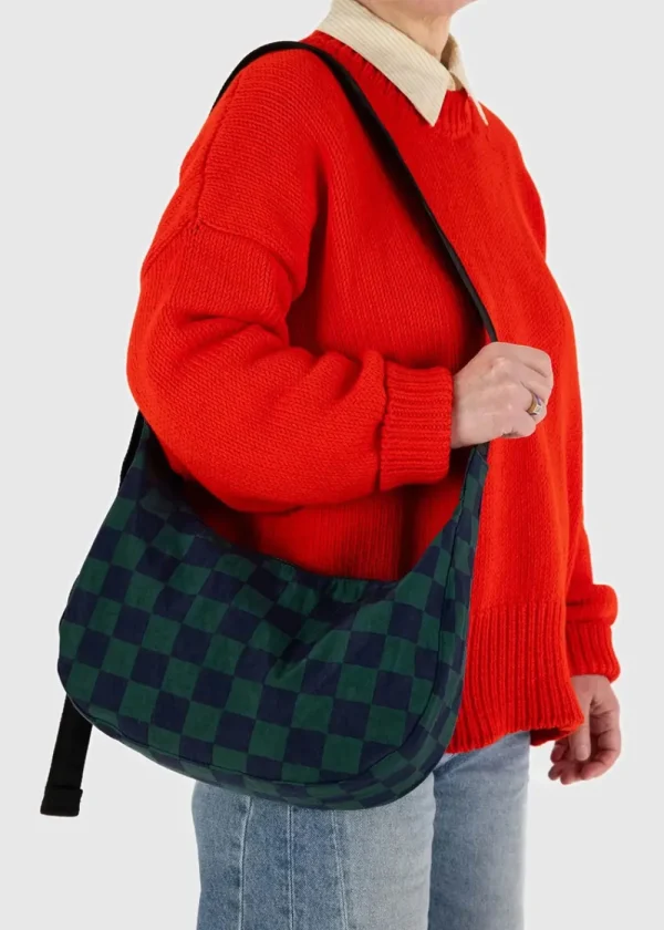 BAGGU Medium Nylon Crescent Bag - Navy Green Check | Bags