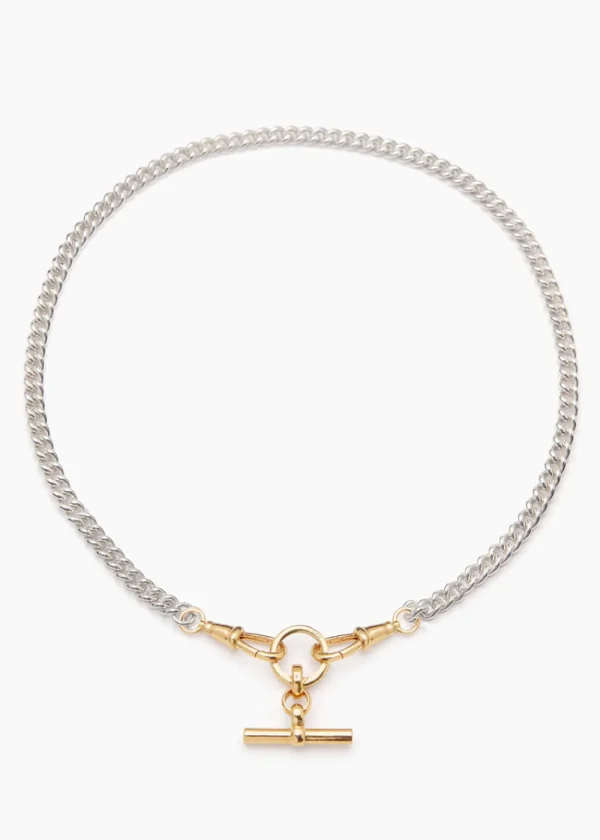 Tilly Sveaas Small Gold T-bar on Slim Silver and Gold Curb Clipt Necklace | Necklaces