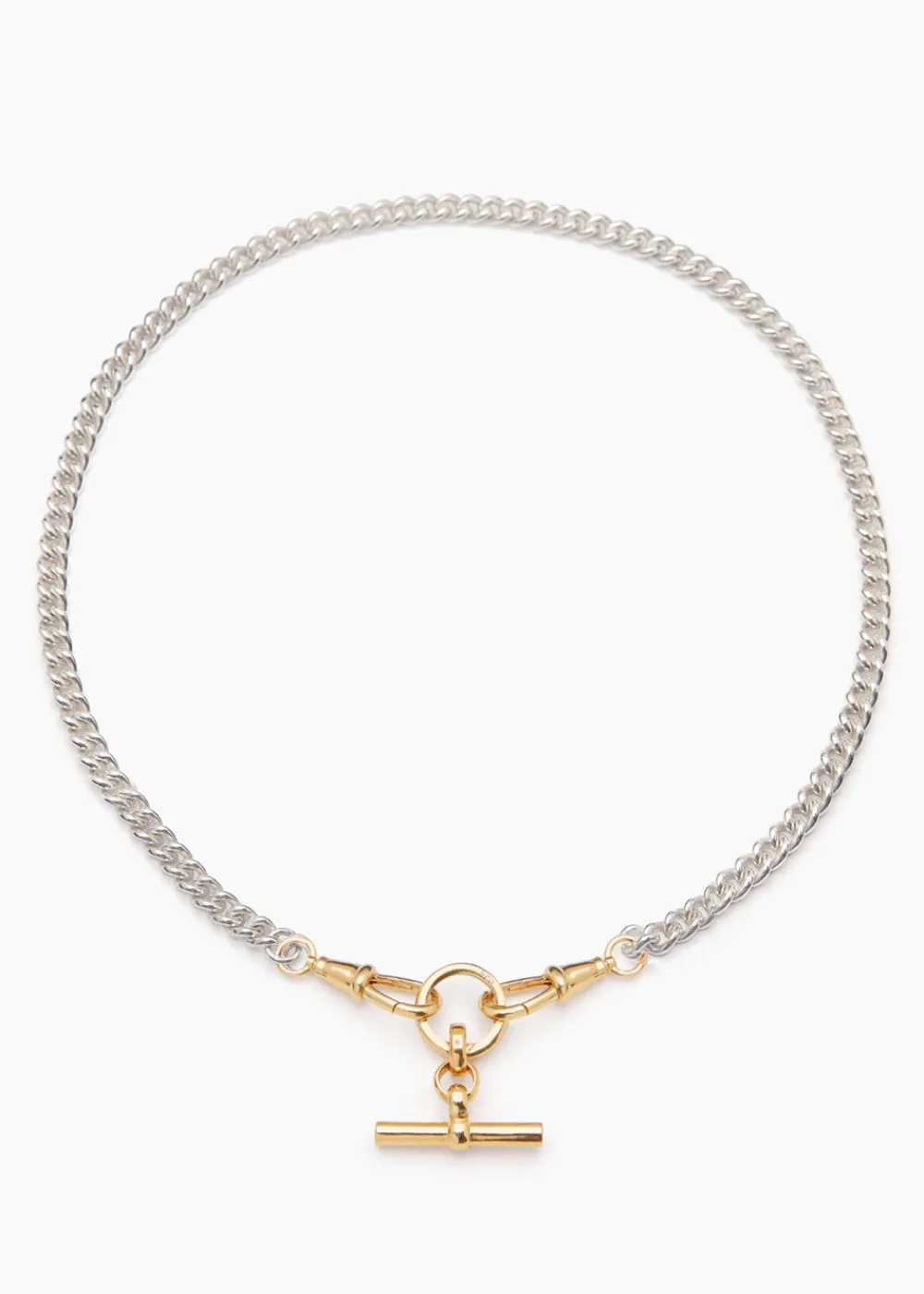 small_gold_tbar_on_slim_s_0.webp Tilly Sveaas Small Gold T-bar on Slim Silver and Gold Curb Clipt Necklace | Necklaces