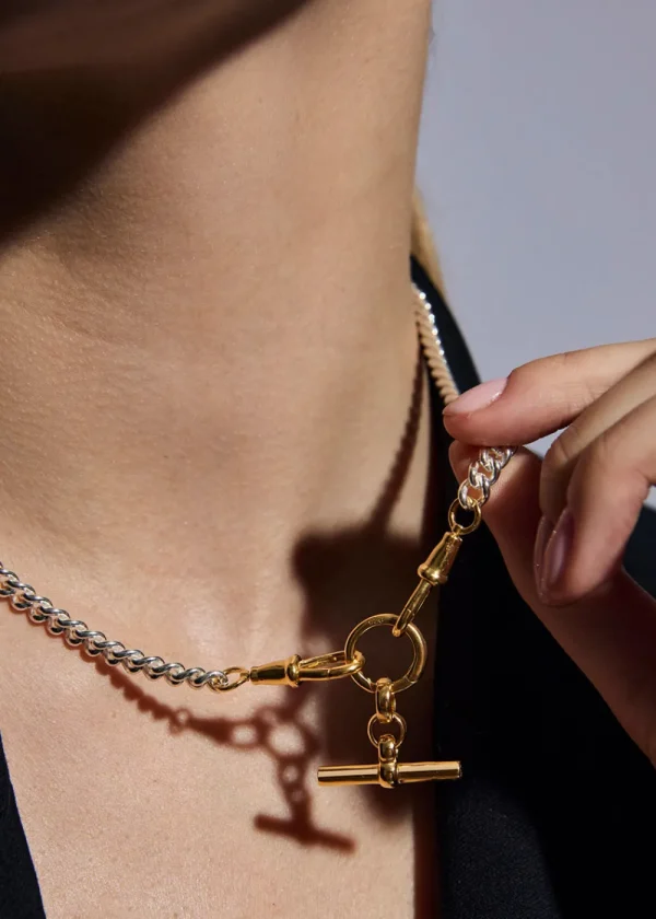 Tilly Sveaas Small Gold T-bar on Slim Silver and Gold Curb Clipt Necklace | Necklaces