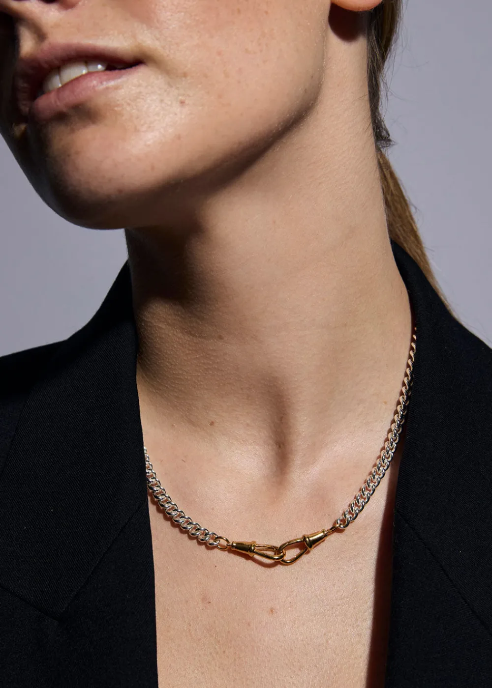 small_gold_tbar_on_slim_s_2.webp Tilly Sveaas Small Gold T-bar on Slim Silver and Gold Curb Clipt Necklace | Necklaces