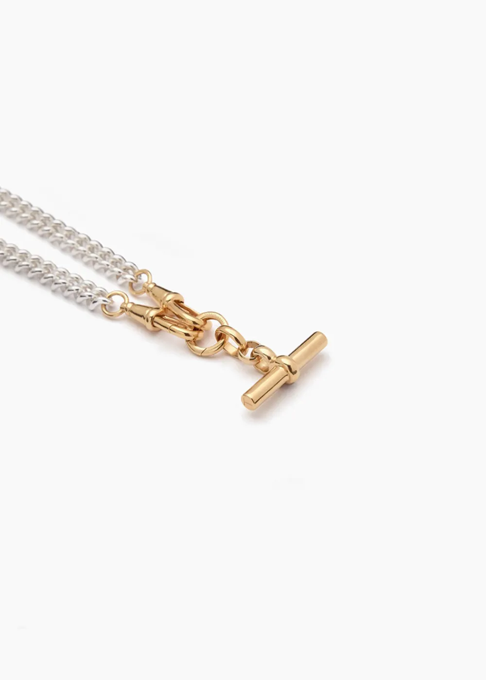 small_gold_tbar_on_slim_s_3.webp Tilly Sveaas Small Gold T-bar on Slim Silver and Gold Curb Clipt Necklace | Necklaces