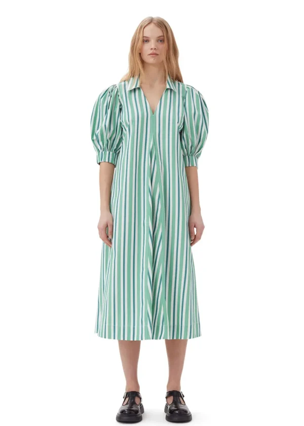 GANNI Striped Cotton Collar Long Dress - Green | Dresses