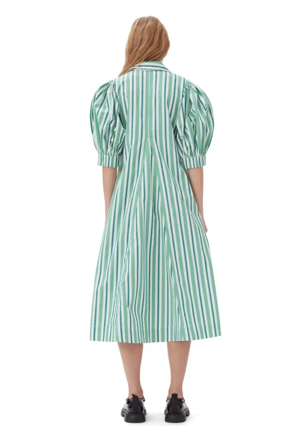 GANNI Striped Cotton Collar Long Dress - Green | Dresses